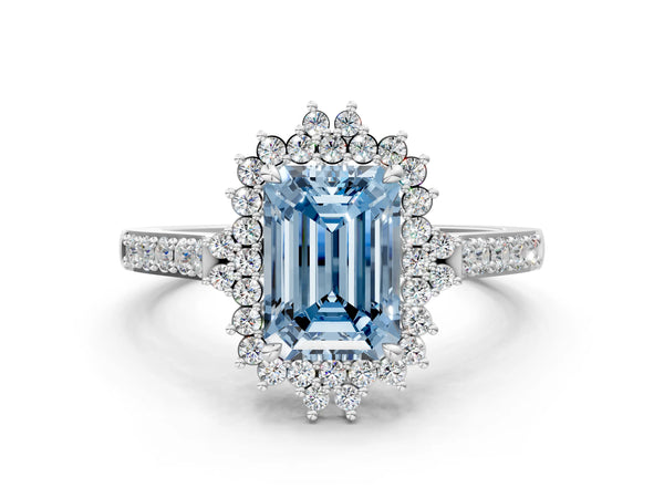 Platinum Fancy Blue Emerald Cut Cut Diamond Sunburst Halo Engagement Ring with Pavé Band