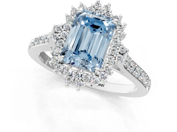 Platinum Fancy Blue Emerald Cut Cut Diamond Sunburst Halo Engagement Ring with Pavé Band