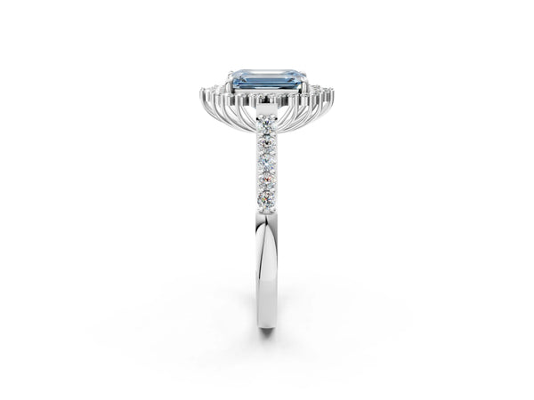 Platinum Fancy Blue Emerald Cut Cut Diamond Sunburst Halo Engagement Ring with Pavé Band