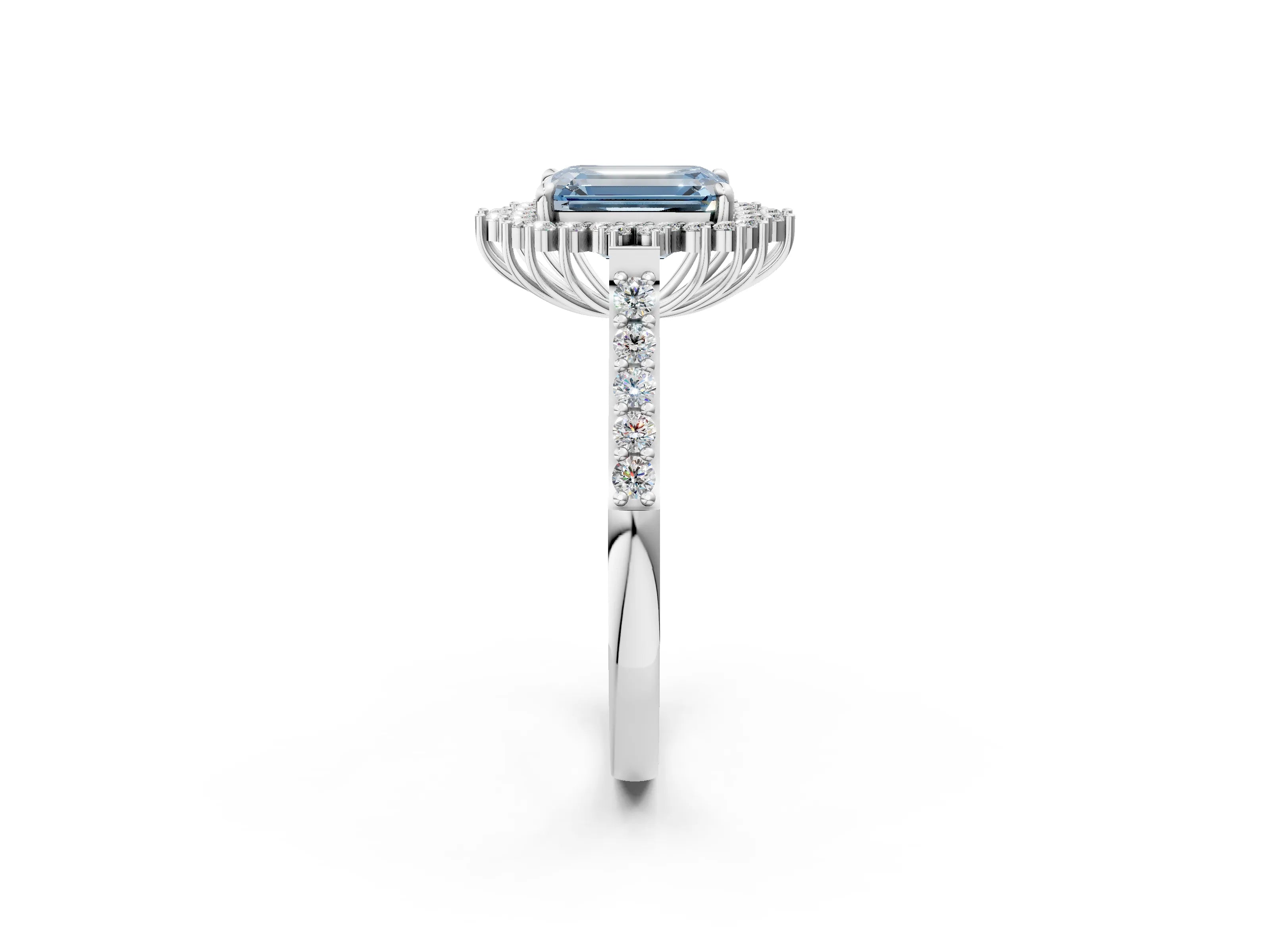 White gold Fancy Blue Emerald Cut Cut Diamond Sunburst Halo Engagement Ring with Pavé Band_14
