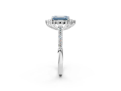 White gold Fancy Blue Emerald Cut Cut Diamond Sunburst Halo Engagement Ring with Pavé Band_14