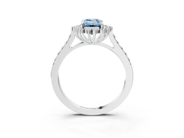 Platinum Fancy Blue Emerald Cut Cut Diamond Sunburst Halo Engagement Ring with Pavé Band