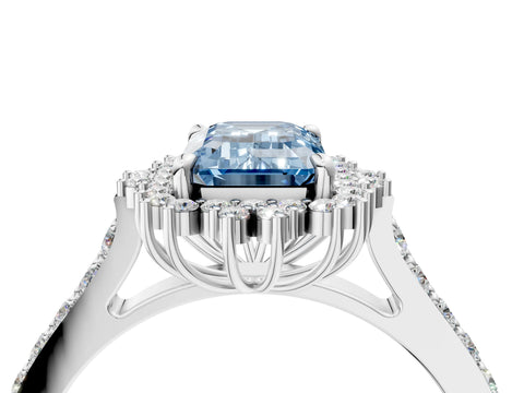 White gold Fancy Blue Emerald Cut Cut Diamond Sunburst Halo Engagement Ring with Pavé Band_16
