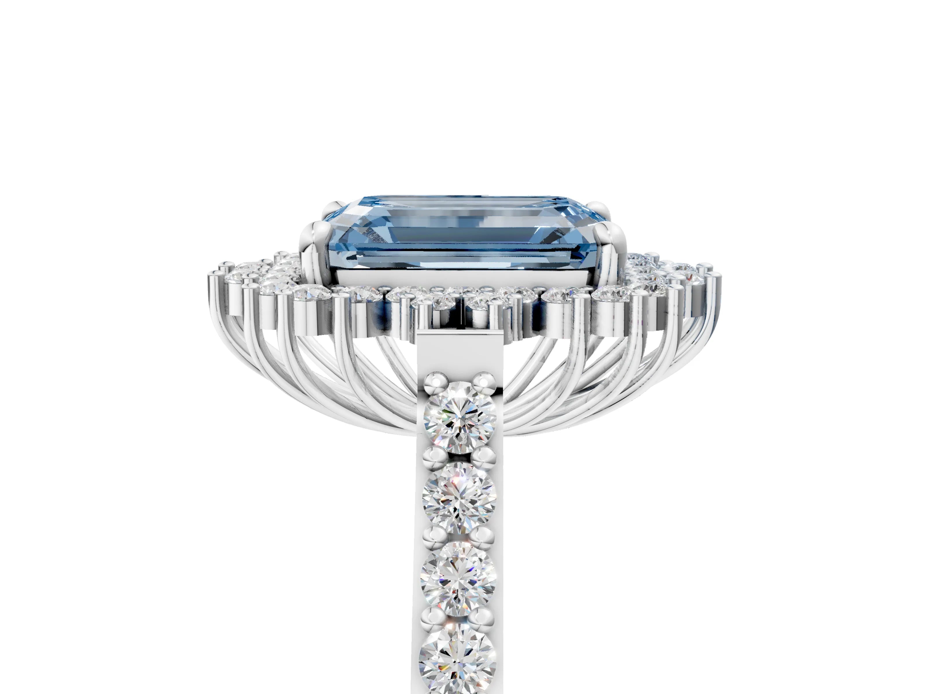 White gold Fancy Blue Emerald Cut Cut Diamond Sunburst Halo Engagement Ring with Pavé Band_17