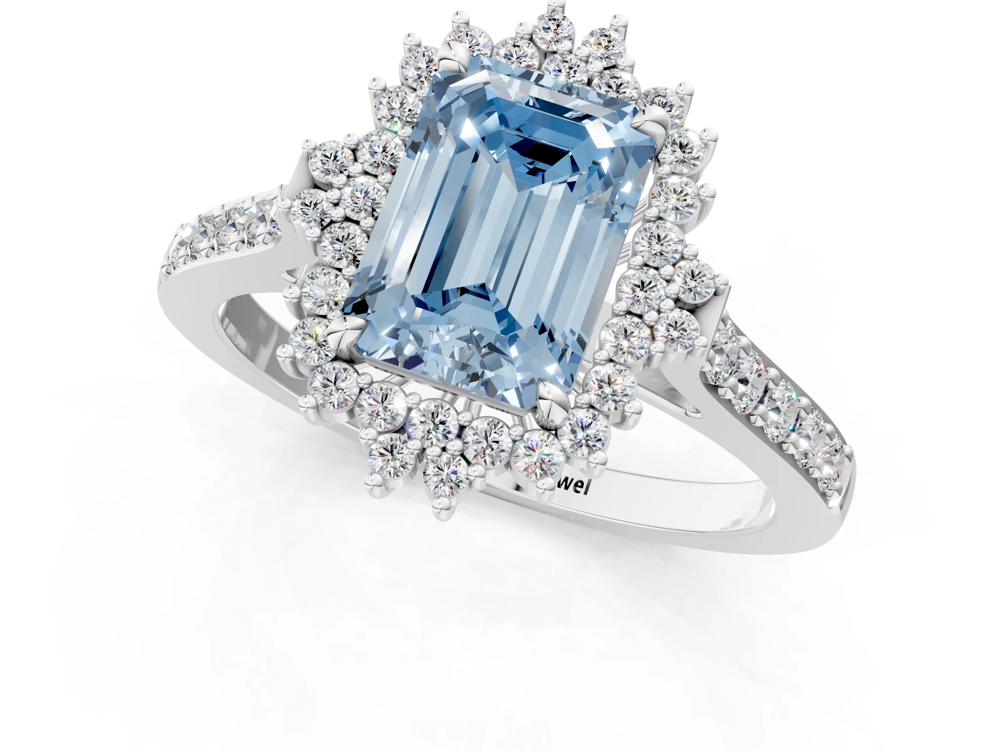 White gold Fancy Blue Emerald Cut Cut Diamond Sunburst Halo Engagement Ring with Pavé Band_1