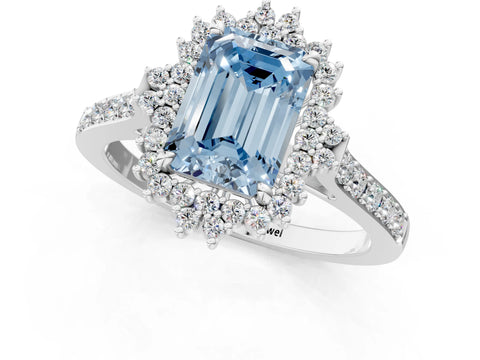 White gold Fancy Blue Emerald Cut Cut Diamond Sunburst Halo Engagement Ring with Pavé Band_1