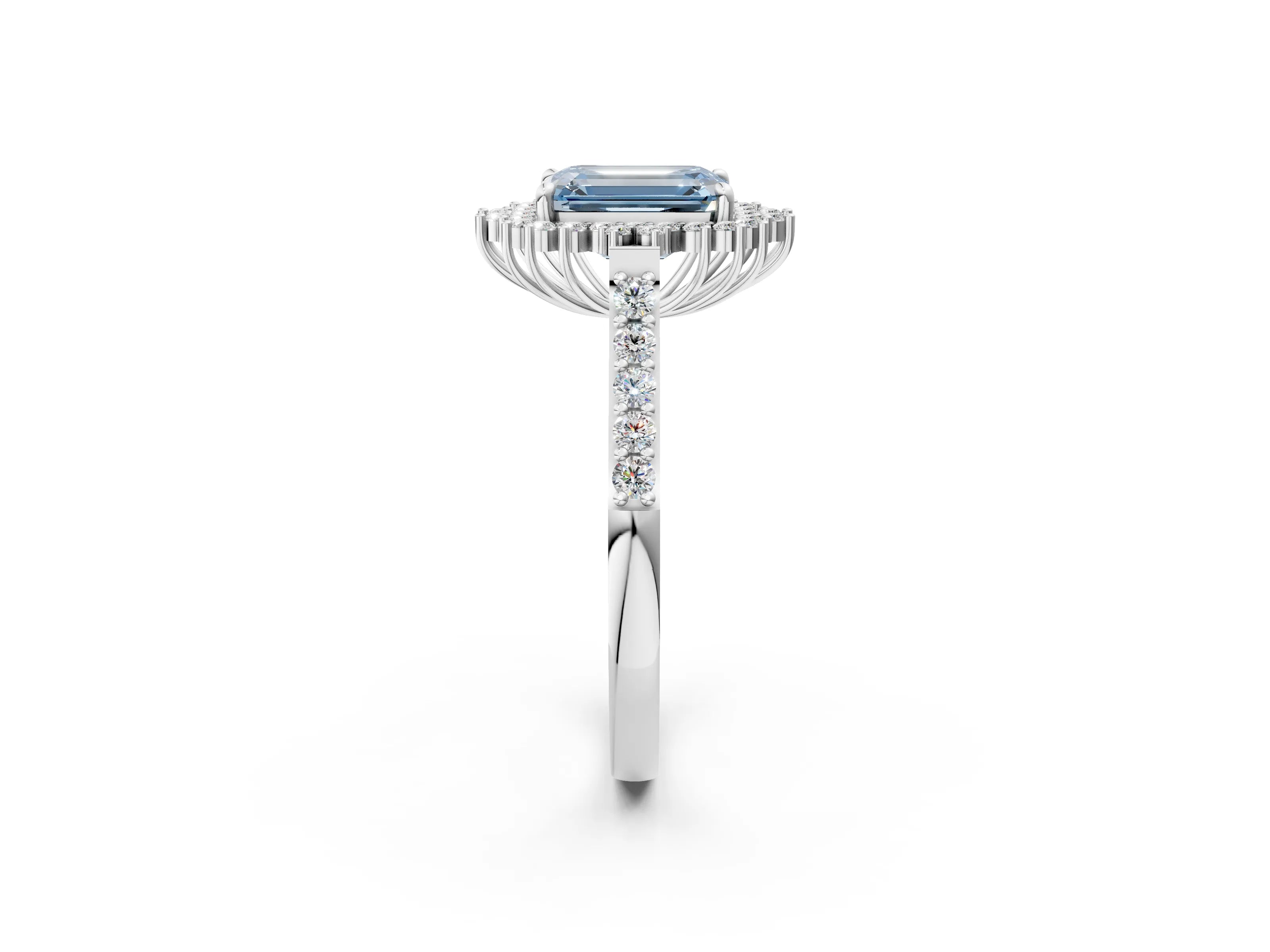 White gold Fancy Blue Emerald Cut Cut Diamond Sunburst Halo Engagement Ring with Pavé Band_2