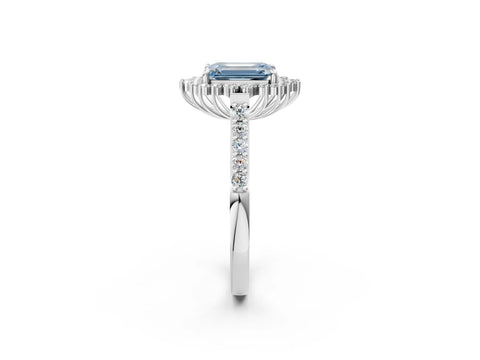 White gold Fancy Blue Emerald Cut Cut Diamond Sunburst Halo Engagement Ring with Pavé Band_2