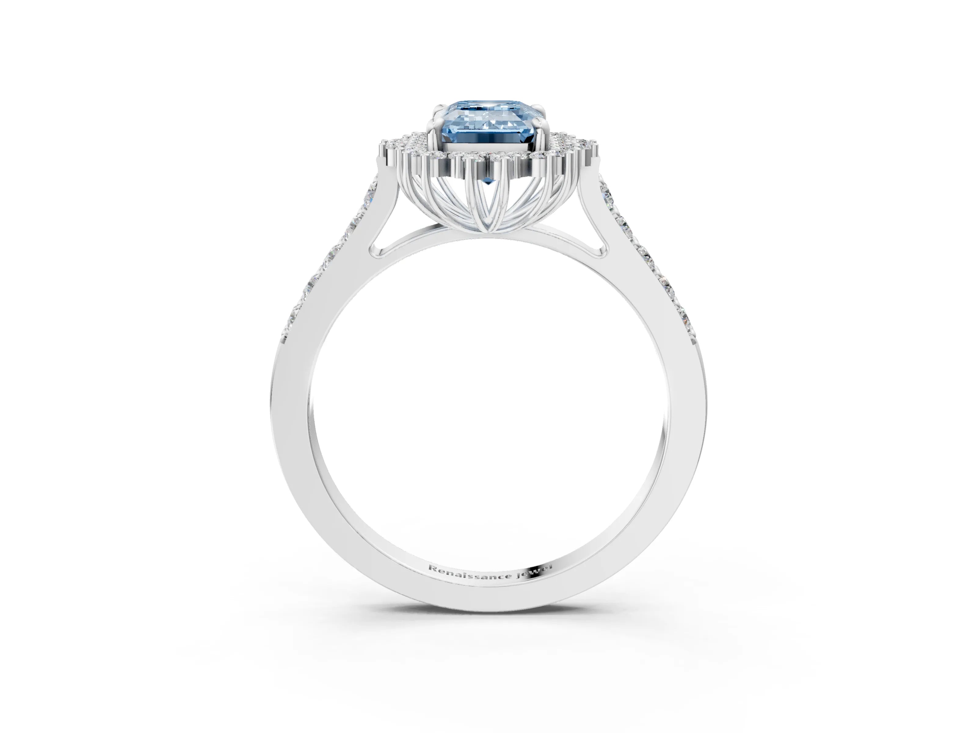 White gold Fancy Blue Emerald Cut Cut Diamond Sunburst Halo Engagement Ring with Pavé Band_3
