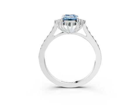 White gold Fancy Blue Emerald Cut Cut Diamond Sunburst Halo Engagement Ring with Pavé Band_3
