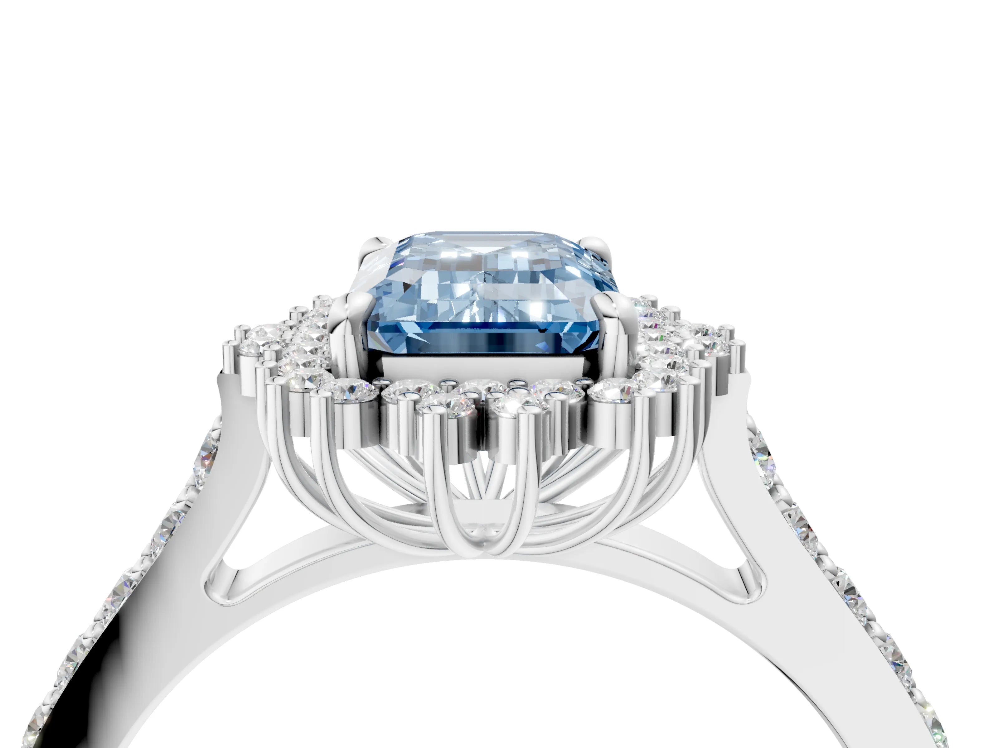 White gold Fancy Blue Emerald Cut Cut Diamond Sunburst Halo Engagement Ring with Pavé Band_4