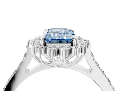 White gold Fancy Blue Emerald Cut Cut Diamond Sunburst Halo Engagement Ring with Pavé Band_4