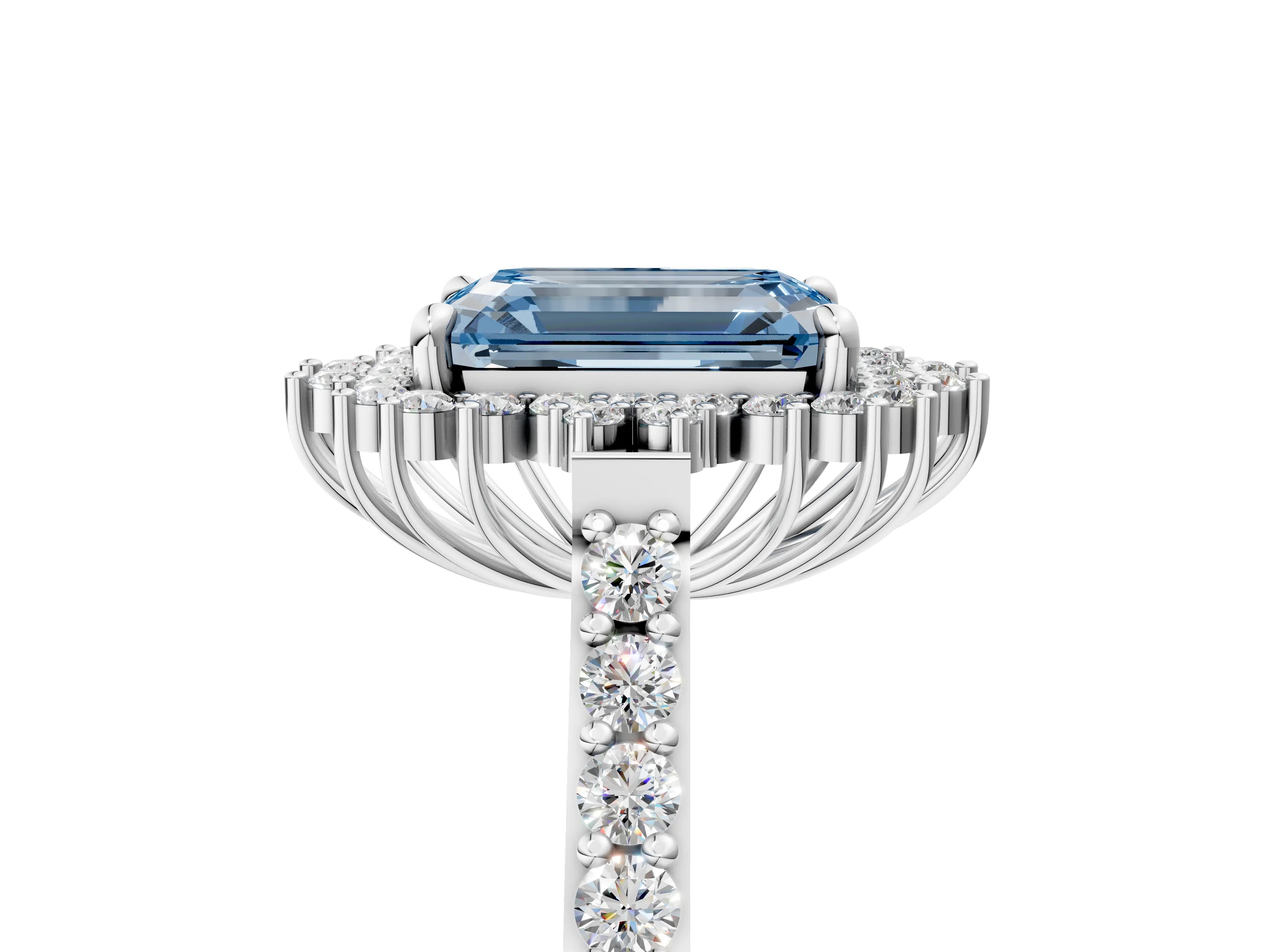 White gold Fancy Blue Emerald Cut Cut Diamond Sunburst Halo Engagement Ring with Pavé Band_5