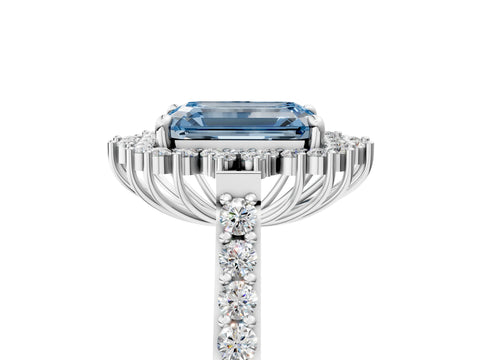 White gold Fancy Blue Emerald Cut Cut Diamond Sunburst Halo Engagement Ring with Pavé Band_5