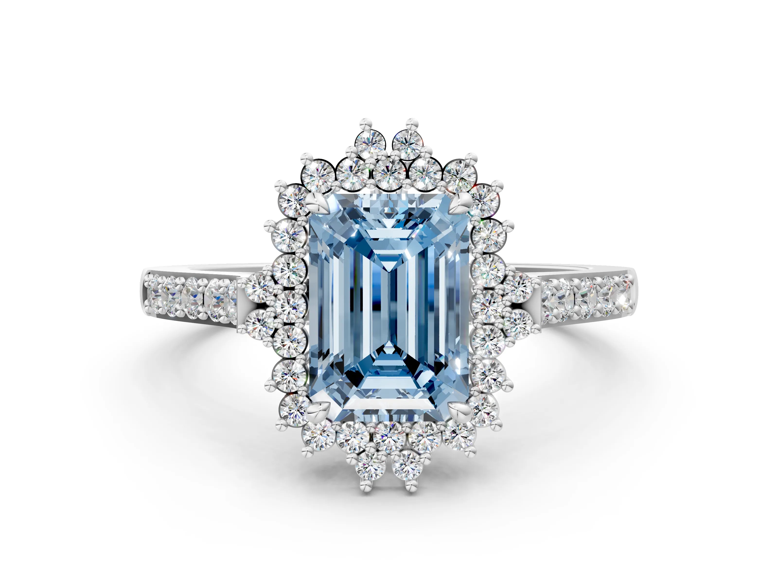 White gold Fancy Blue Emerald Cut Cut Diamond Sunburst Halo Engagement Ring with Pavé Band
