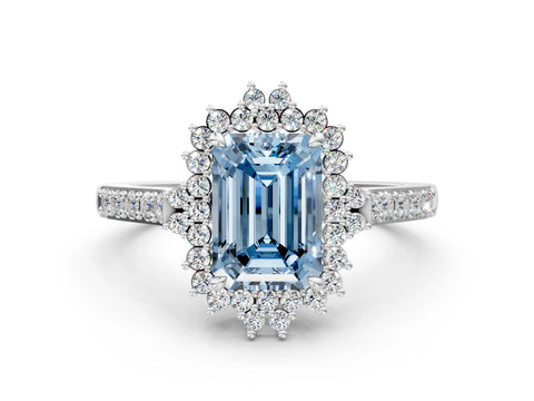 White gold Fancy Blue Emerald Cut Cut Diamond Sunburst Halo Engagement Ring with Pavé Band