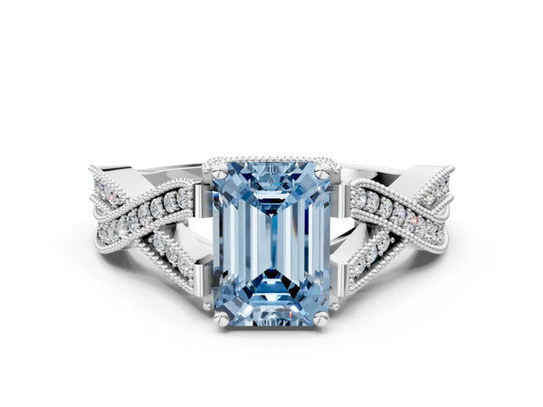 Platinum Fancy Blue Emerald Cut Cut Diamond Twisted Band with Milgrain Pave Setting and Four-Prong Setting