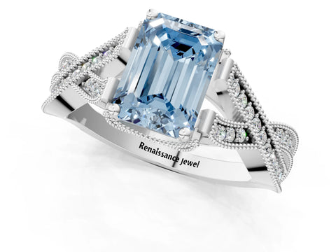 White gold Fancy Blue Emerald Cut Cut Diamond Twisted Band with Milgrain Pave Setting and Four-Prong Setting_13