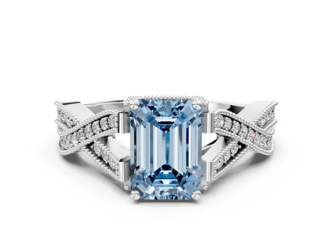 White gold Fancy Blue Emerald Cut Cut Diamond Twisted Band with Milgrain Pave Setting and Four-Prong Setting_1