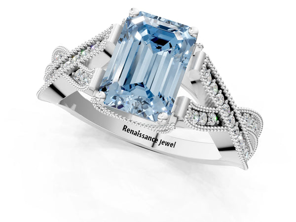 Platinum Fancy Blue Emerald Cut Cut Diamond Twisted Band with Milgrain Pave Setting and Four-Prong Setting