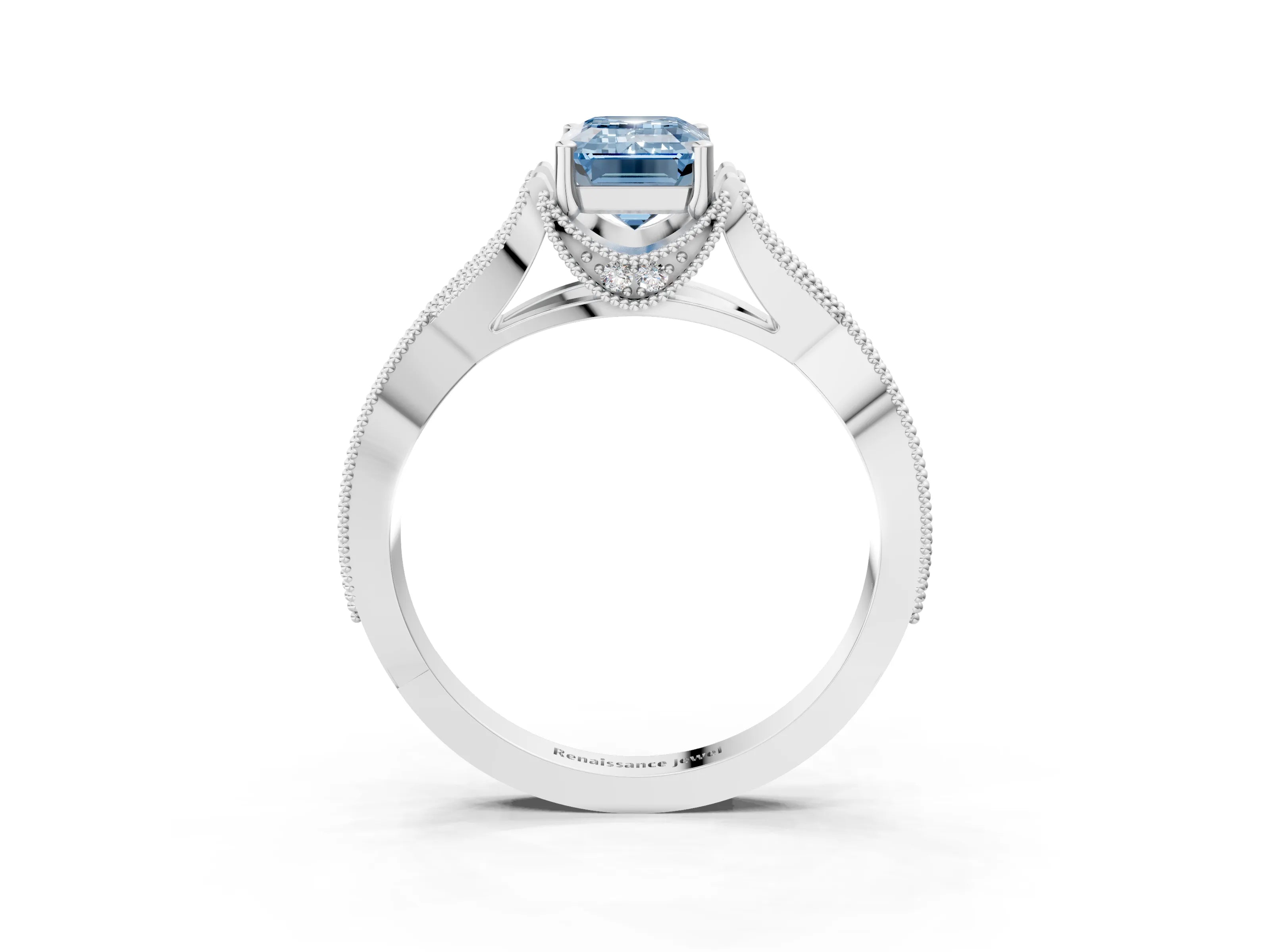 White gold Fancy Blue Emerald Cut Cut Diamond Twisted Band with Milgrain Pave Setting and Four-Prong Setting_27