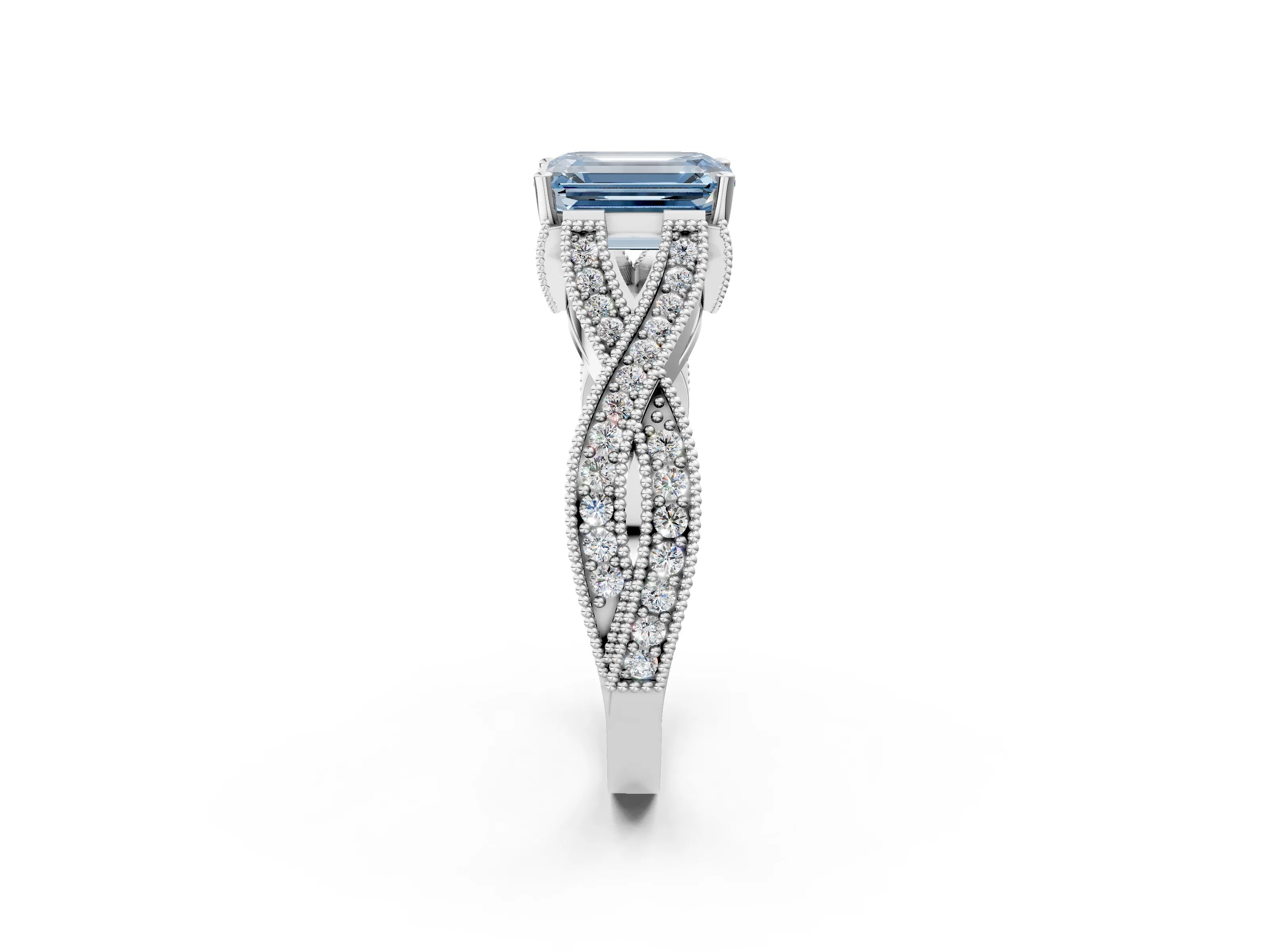 White gold Fancy Blue Emerald Cut Cut Diamond Twisted Band with Milgrain Pave Setting and Four-Prong Setting_2