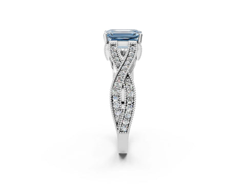 White gold Fancy Blue Emerald Cut Cut Diamond Twisted Band with Milgrain Pave Setting and Four-Prong Setting_3