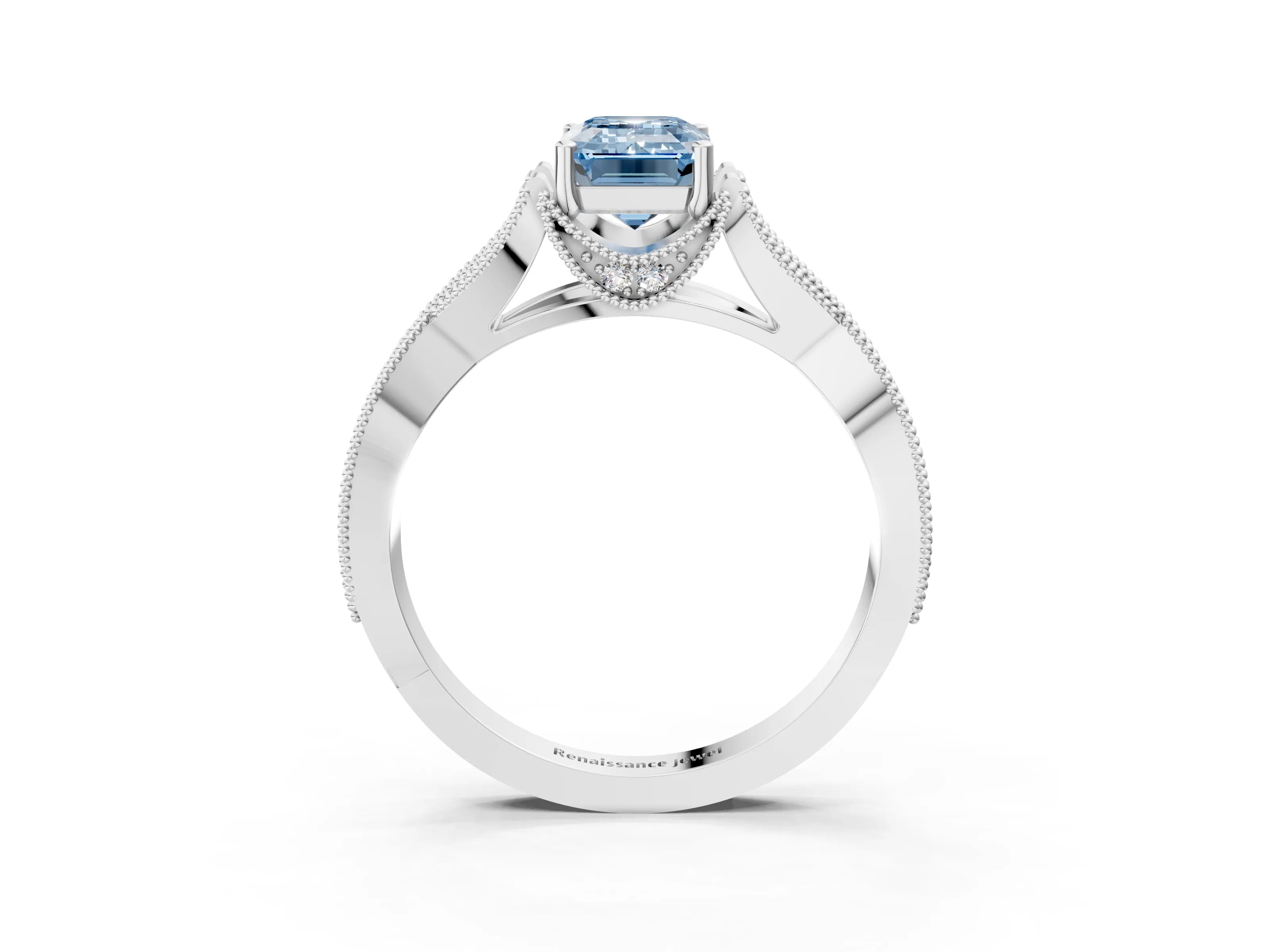White gold Fancy Blue Emerald Cut Cut Diamond Twisted Band with Milgrain Pave Setting and Four-Prong Setting_4
