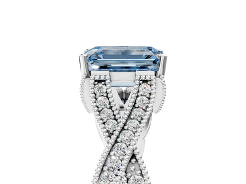 White gold Fancy Blue Emerald Cut Cut Diamond Twisted Band with Milgrain Pave Setting and Four-Prong Setting_6