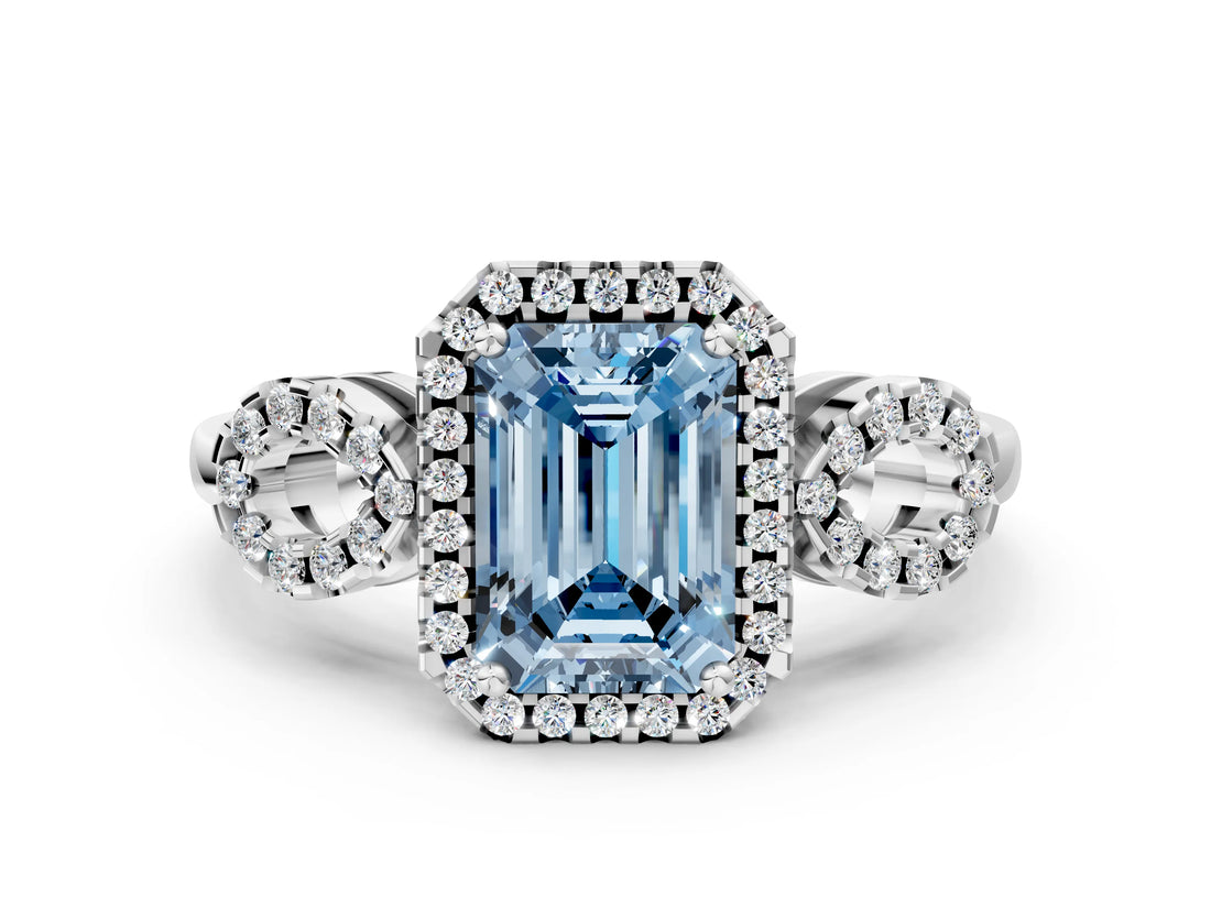 White gold Fancy Blue Emerald Cut Cut Halo Diamond Infinity Band with Four-Prong Setting