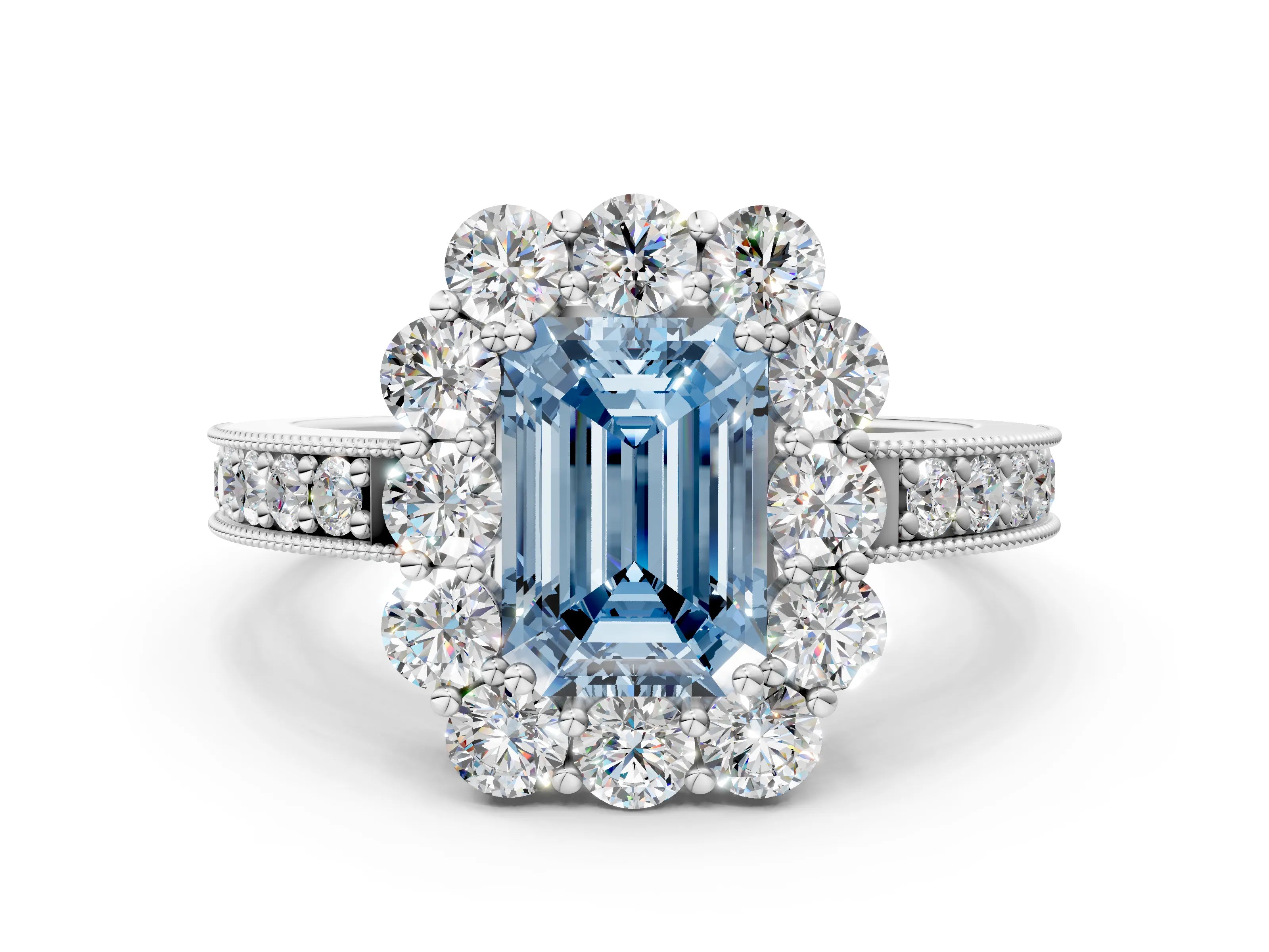 White gold Fancy Blue Emerald Cut Cut Halo Diamond Pavé Engagement Ring with Milgrain Detailing_12