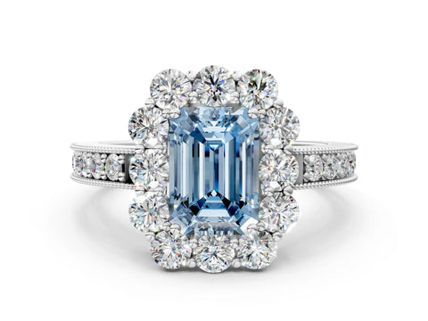 White gold Fancy Blue Emerald Cut Cut Halo Diamond Pavé Engagement Ring with Milgrain Detailing_12