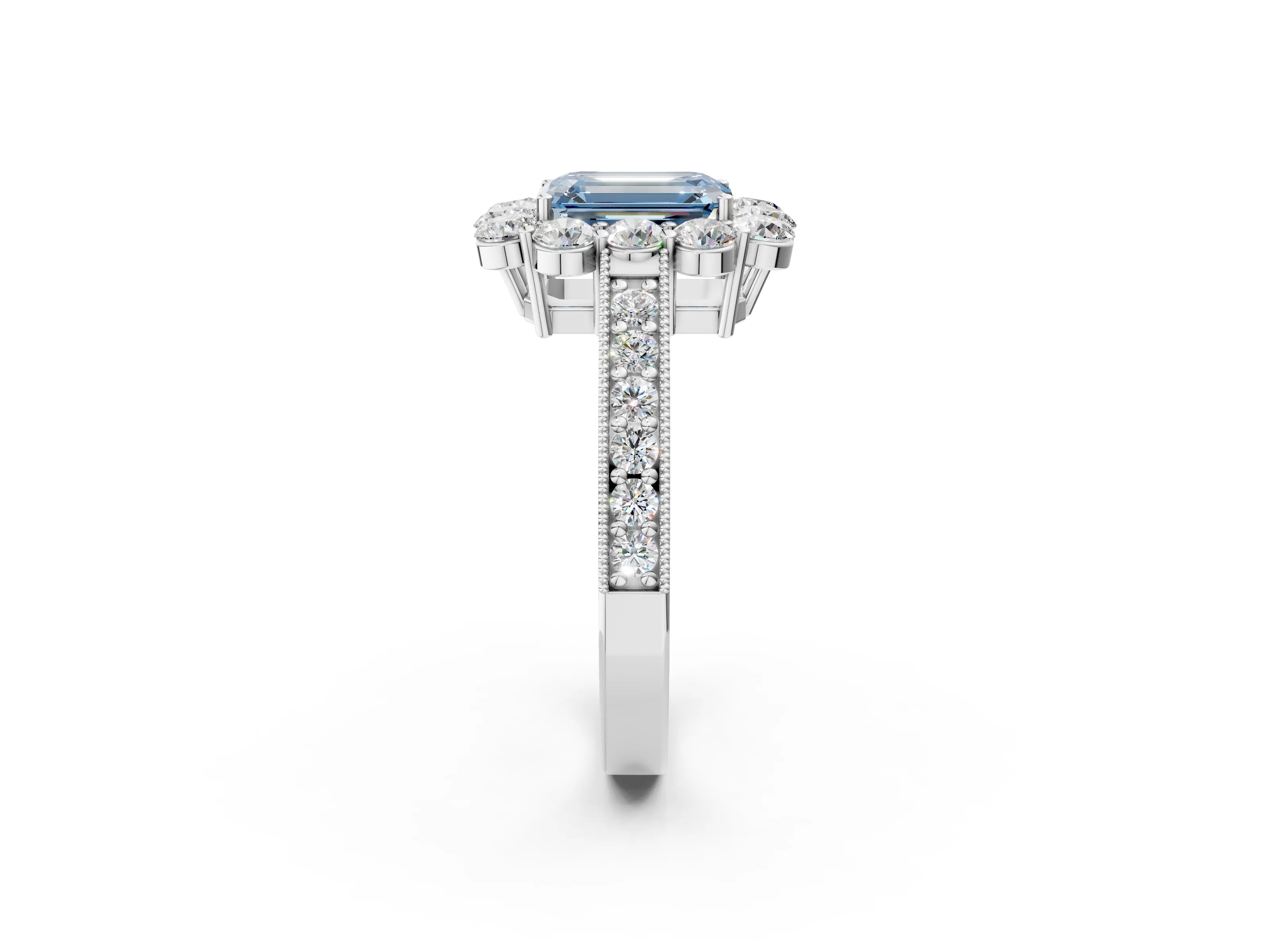 White gold Fancy Blue Emerald Cut Cut Halo Diamond Pavé Engagement Ring with Milgrain Detailing_14
