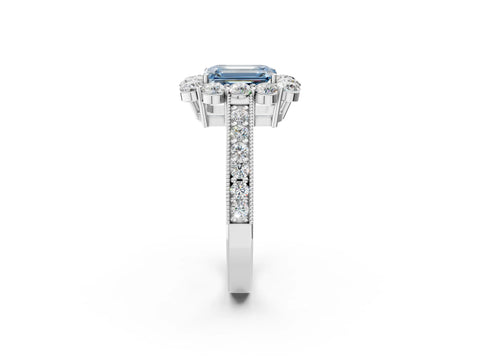 White gold Fancy Blue Emerald Cut Cut Halo Diamond Pavé Engagement Ring with Milgrain Detailing_14