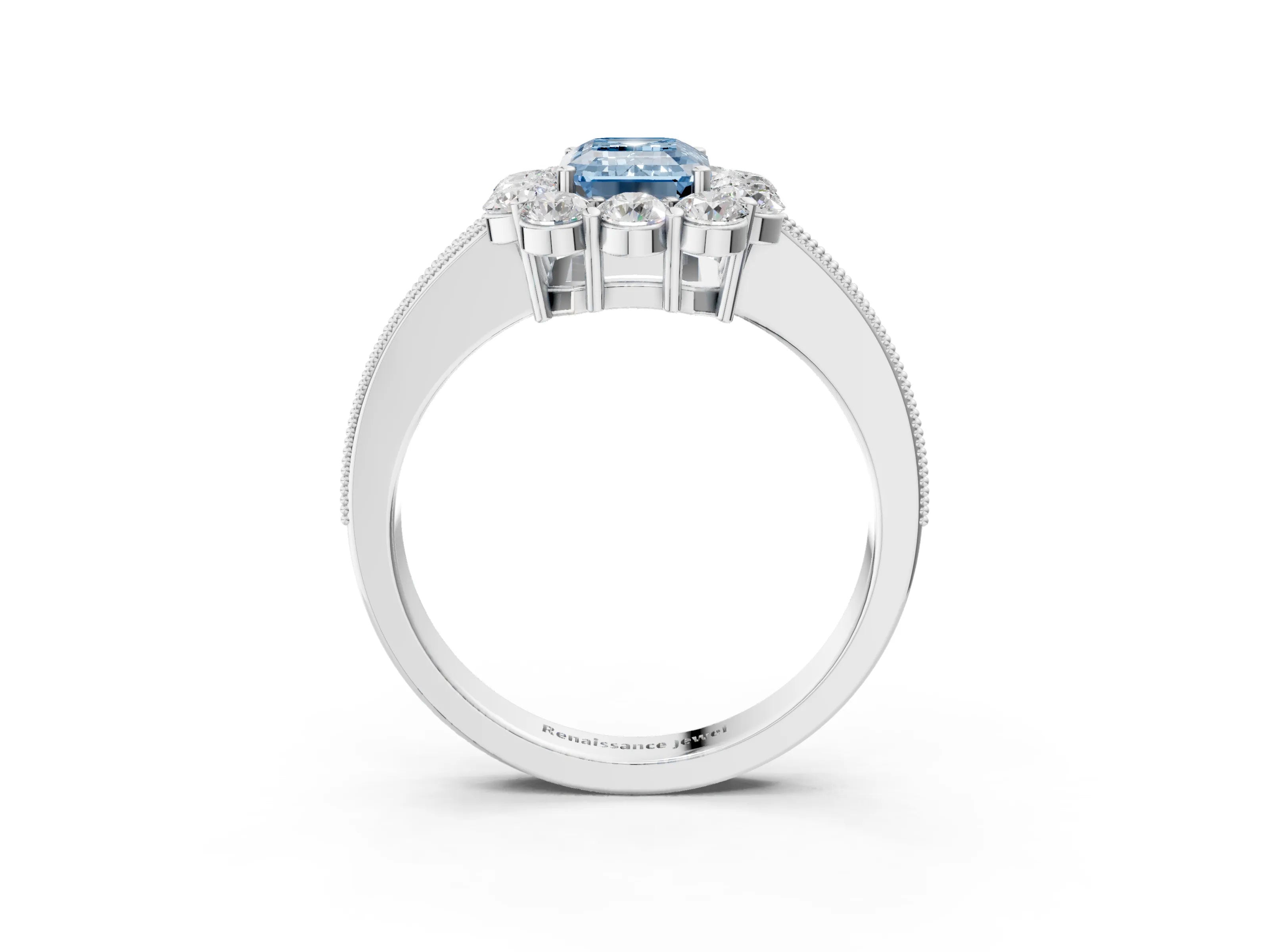 White gold Fancy Blue Emerald Cut Cut Halo Diamond Pavé Engagement Ring with Milgrain Detailing_15