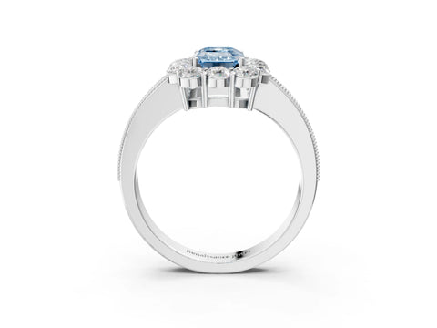 White gold Fancy Blue Emerald Cut Cut Halo Diamond Pavé Engagement Ring with Milgrain Detailing_15