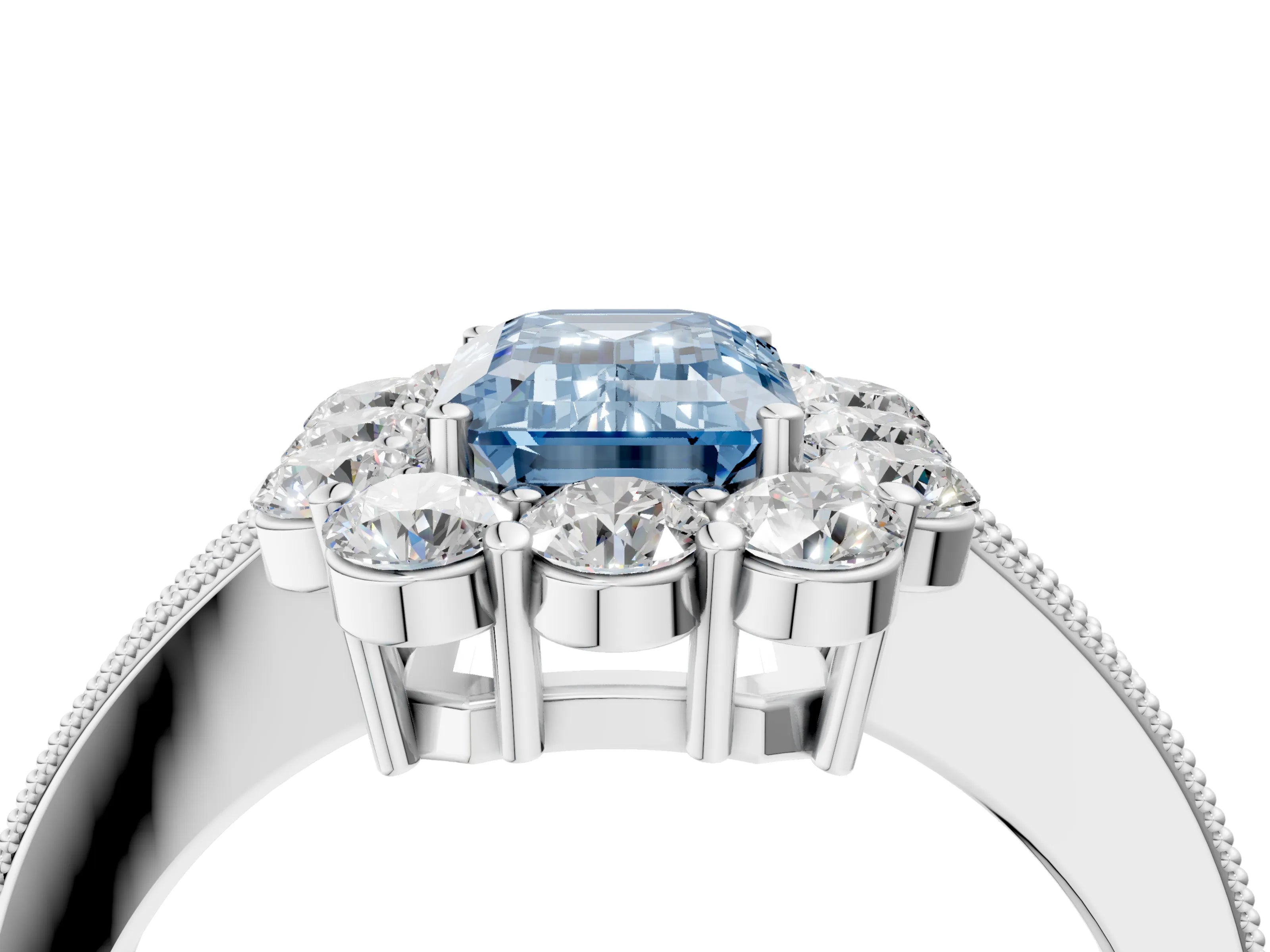 White gold Fancy Blue Emerald Cut Cut Halo Diamond Pavé Engagement Ring with Milgrain Detailing_16