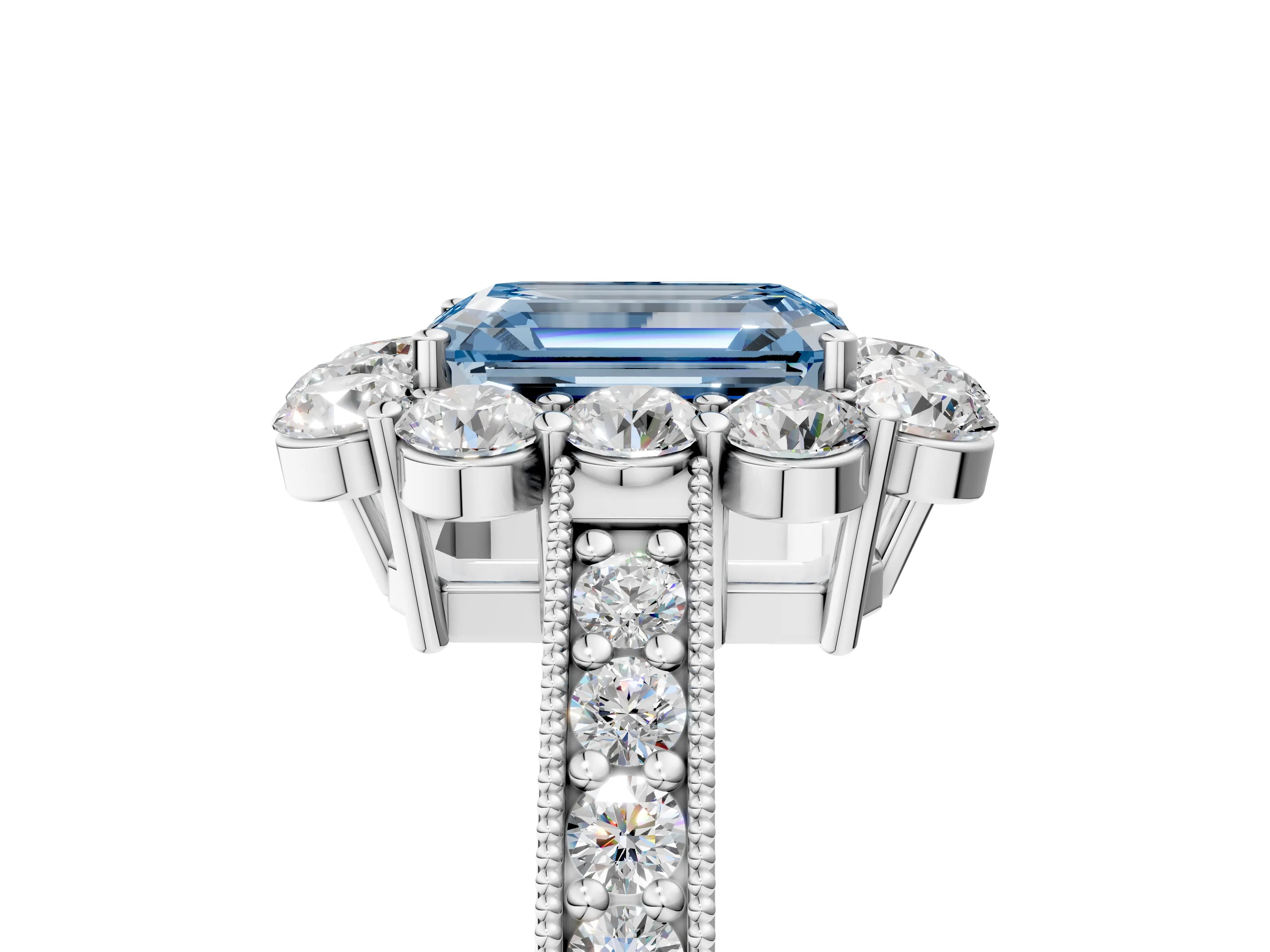 White gold Fancy Blue Emerald Cut Cut Halo Diamond Pavé Engagement Ring with Milgrain Detailing_17