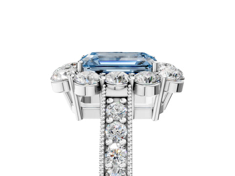 White gold Fancy Blue Emerald Cut Cut Halo Diamond Pavé Engagement Ring with Milgrain Detailing_17