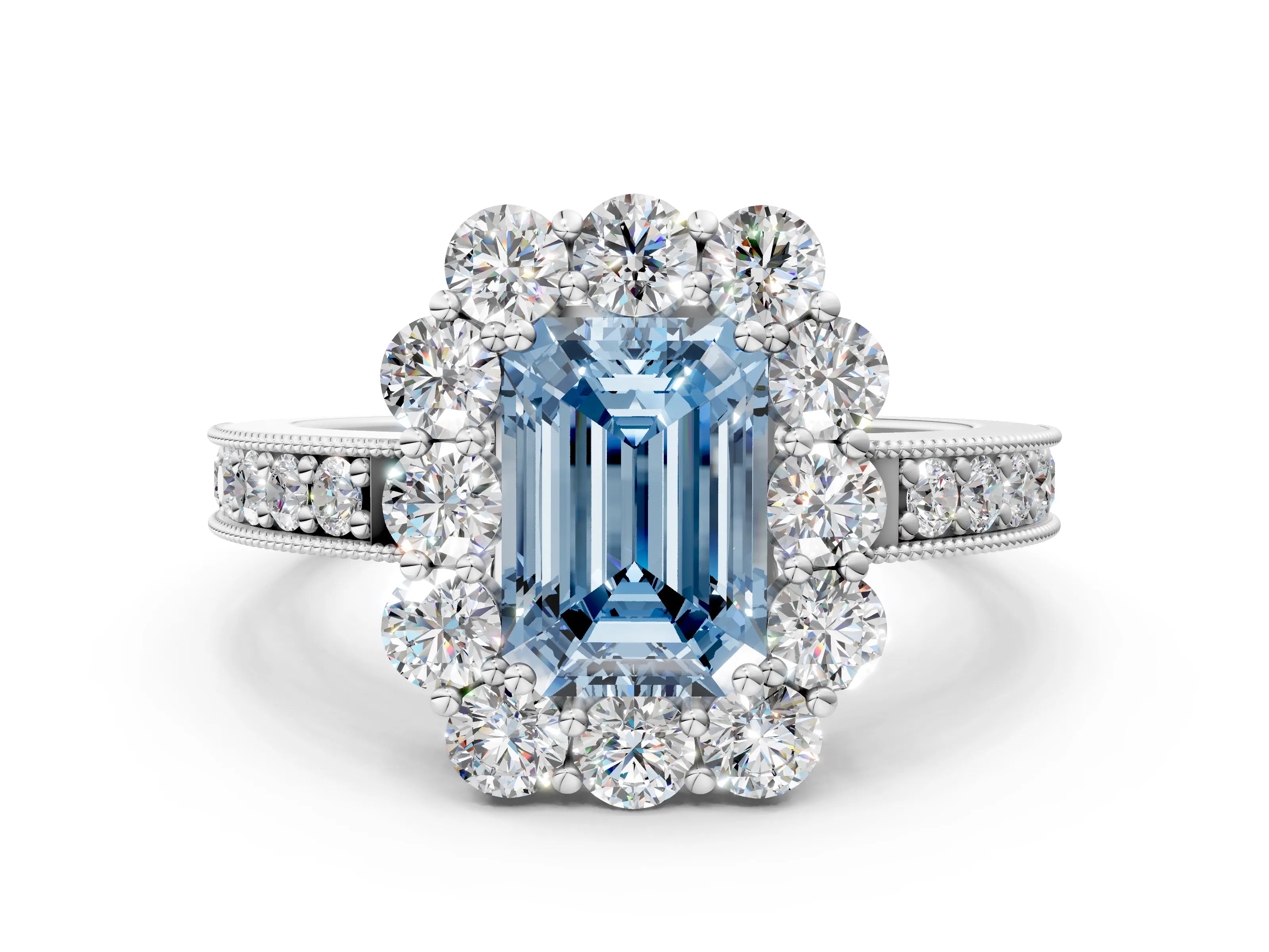 White gold Fancy Blue Emerald Cut Cut Halo Diamond Pavé Engagement Ring with Milgrain Detailing_24