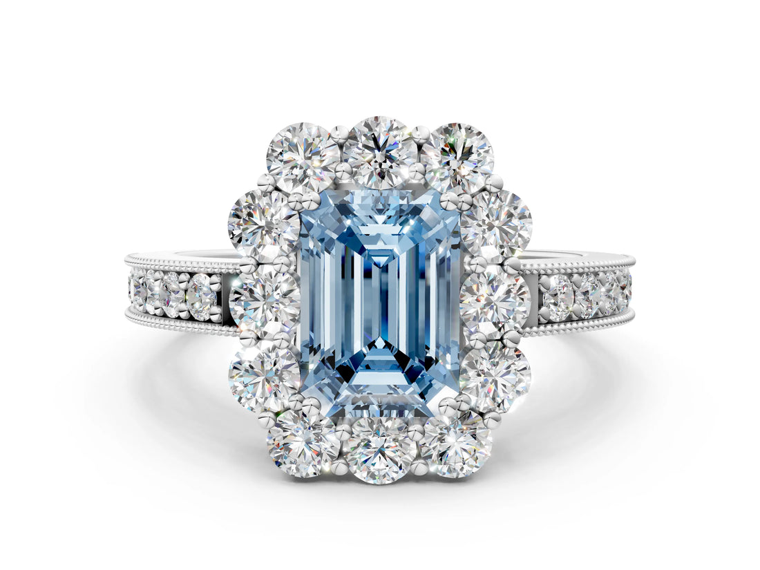 White gold Fancy Blue Emerald Cut Cut Halo Diamond Pavé Engagement Ring with Milgrain Detailing_24