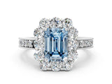 White gold Fancy Blue Emerald Cut Cut Halo Diamond Pavé Engagement Ring with Milgrain Detailing_24