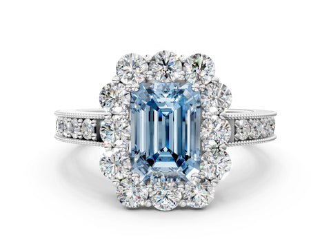 White gold Fancy Blue Emerald Cut Cut Halo Diamond Pavé Engagement Ring with Milgrain Detailing_24