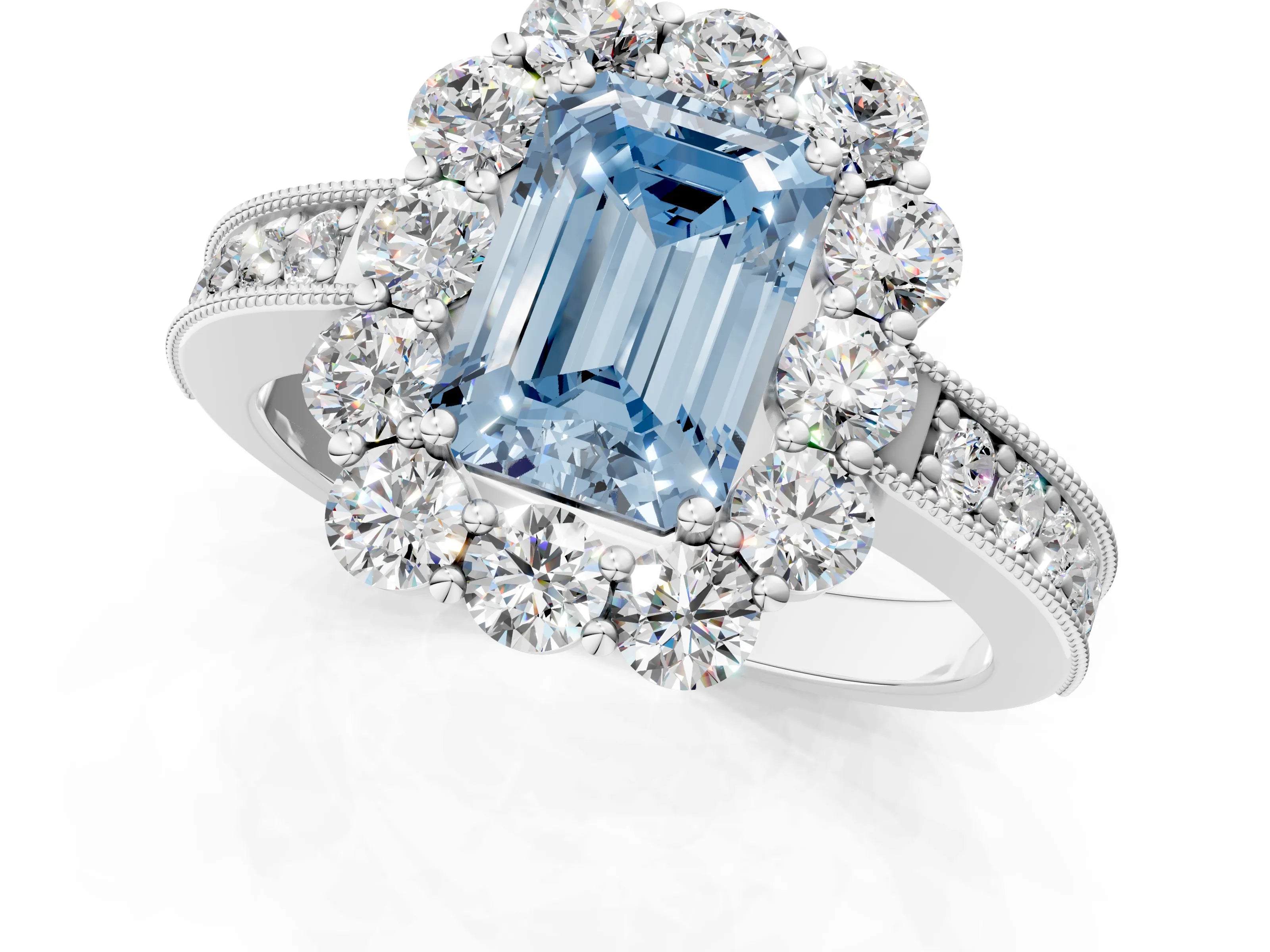 White gold Fancy Blue Emerald Cut Cut Halo Diamond Pavé Engagement Ring with Milgrain Detailing_25