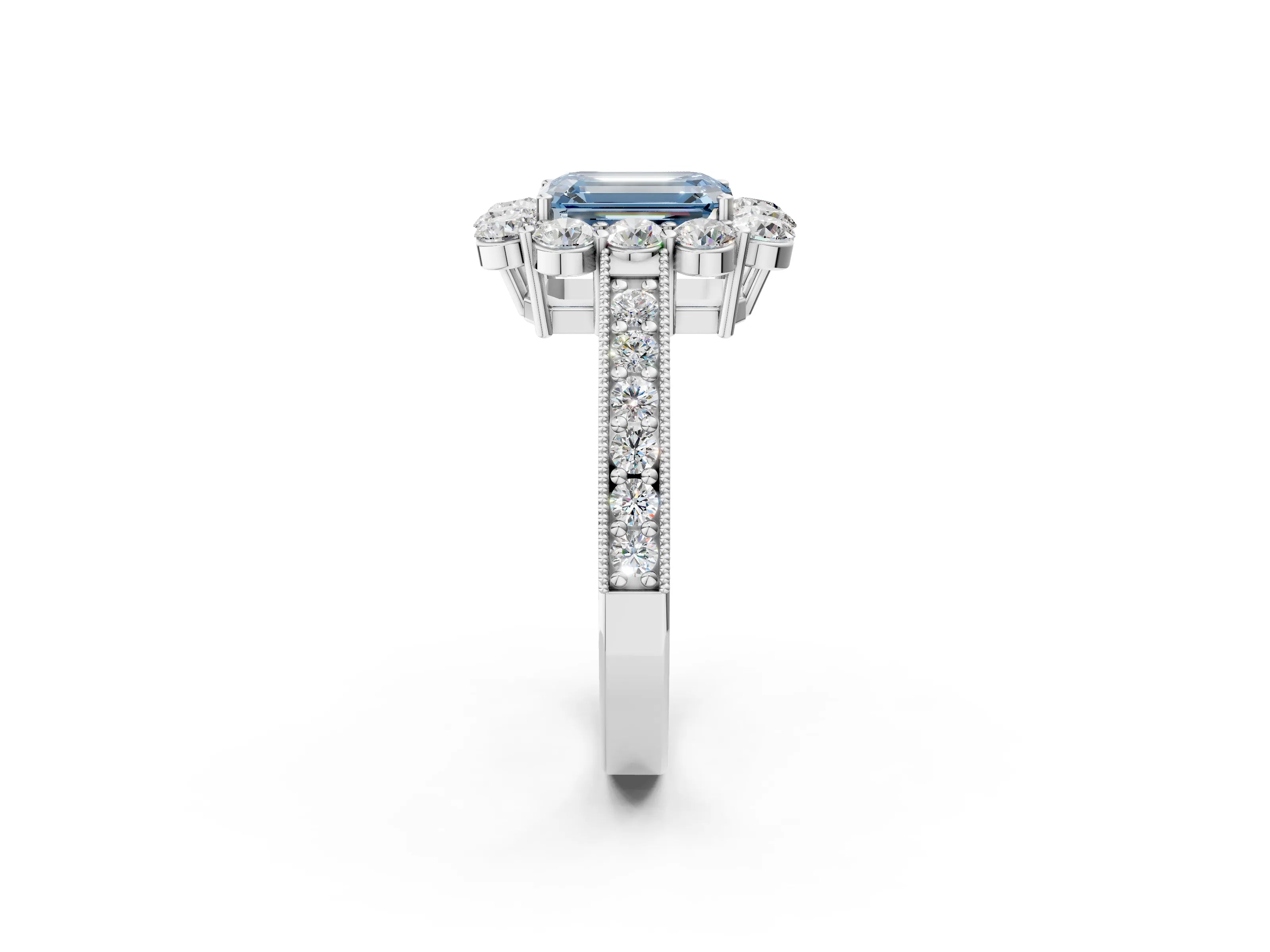 White gold Fancy Blue Emerald Cut Cut Halo Diamond Pavé Engagement Ring with Milgrain Detailing_26