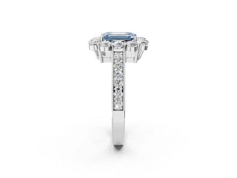 White gold Fancy Blue Emerald Cut Cut Halo Diamond Pavé Engagement Ring with Milgrain Detailing_26