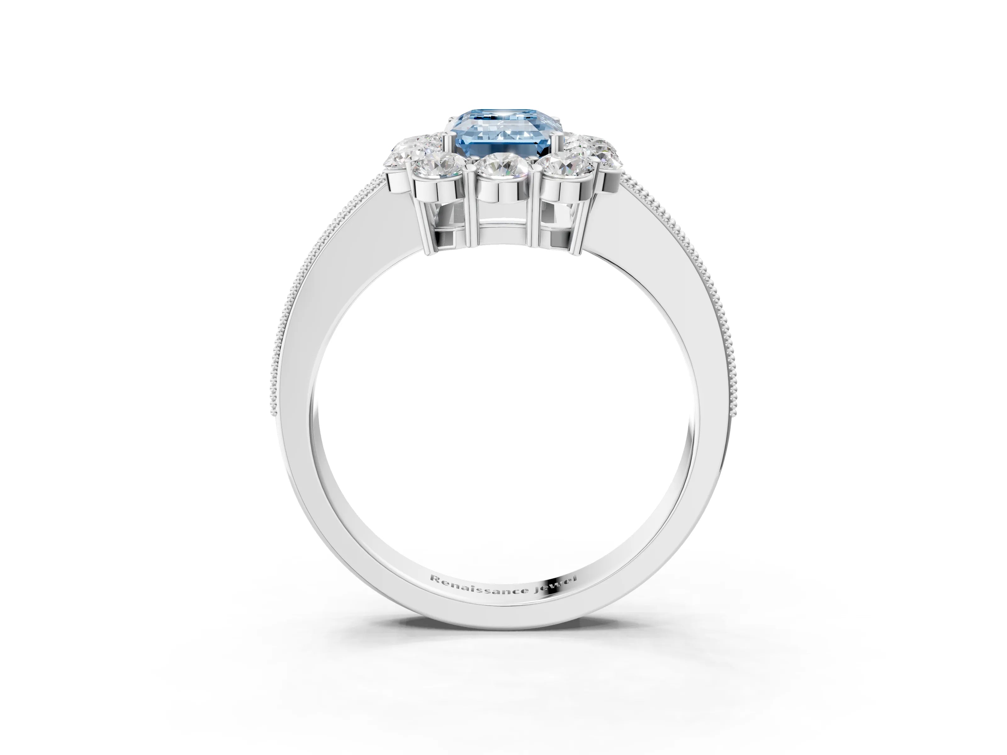 White gold Fancy Blue Emerald Cut Cut Halo Diamond Pavé Engagement Ring with Milgrain Detailing_27