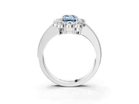 White gold Fancy Blue Emerald Cut Cut Halo Diamond Pavé Engagement Ring with Milgrain Detailing_27
