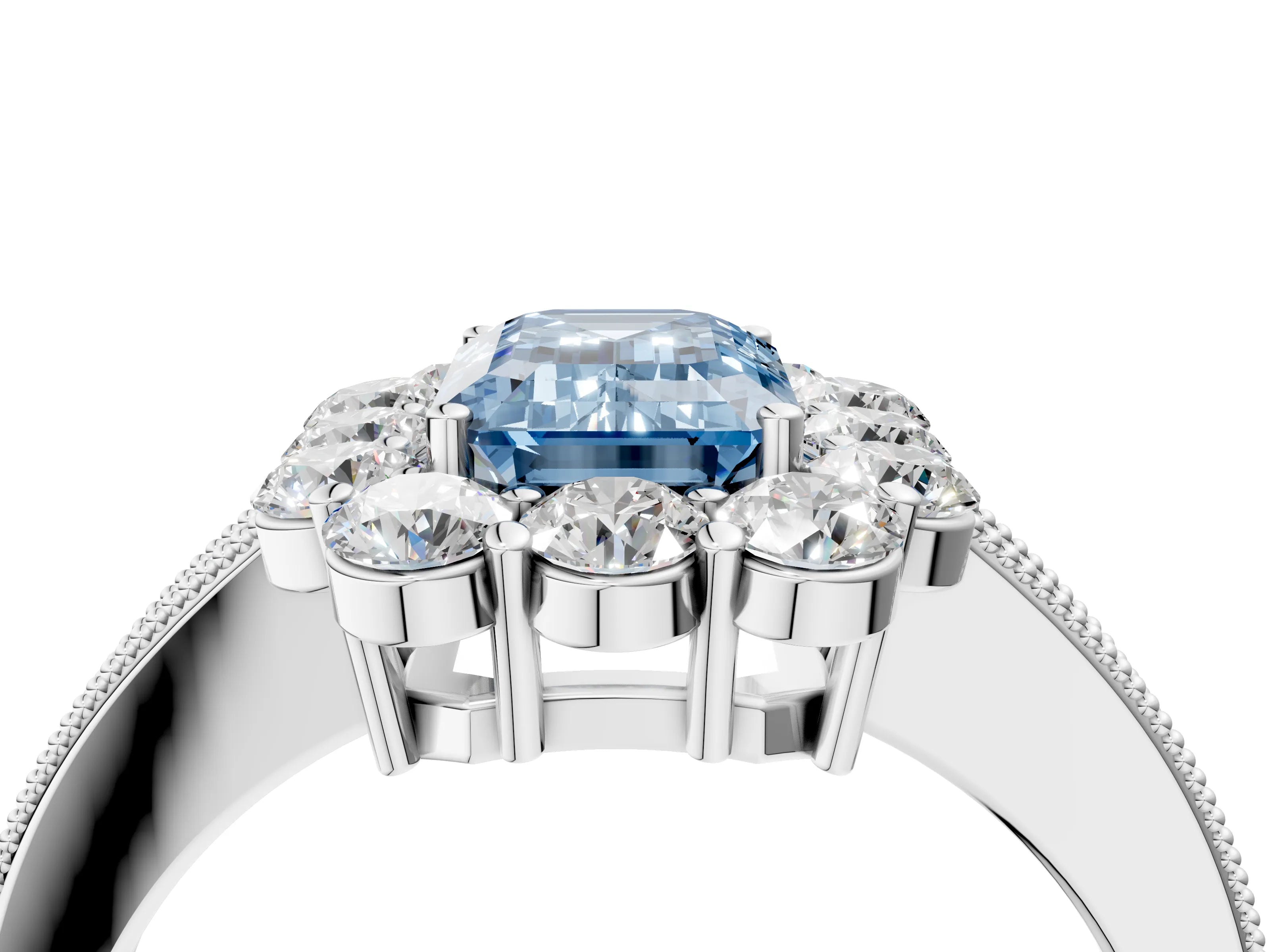 White gold Fancy Blue Emerald Cut Cut Halo Diamond Pavé Engagement Ring with Milgrain Detailing_28