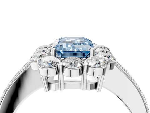 White gold Fancy Blue Emerald Cut Cut Halo Diamond Pavé Engagement Ring with Milgrain Detailing_28